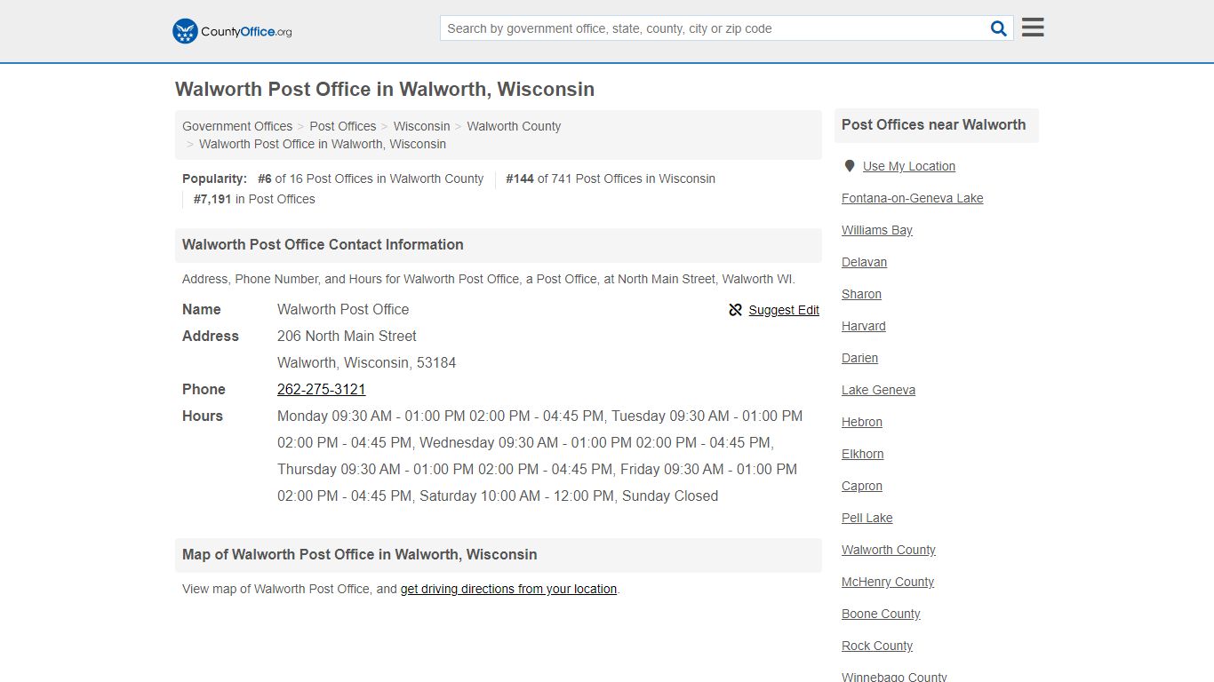 Walworth Post Office - Walworth, WI (Address, Phone, and Hours)