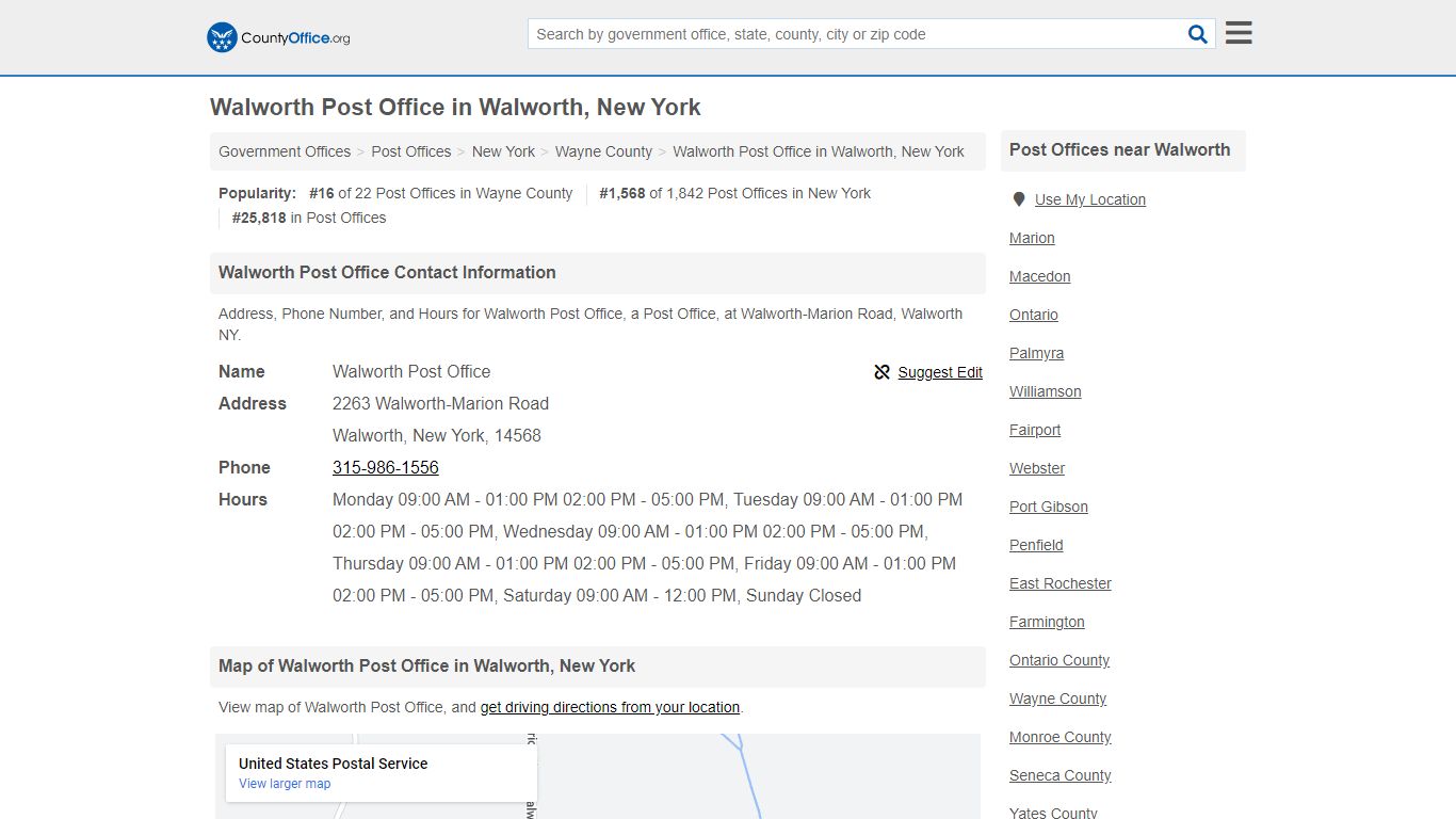 Walworth Post Office - Walworth, NY (Address, Phone, and Hours)